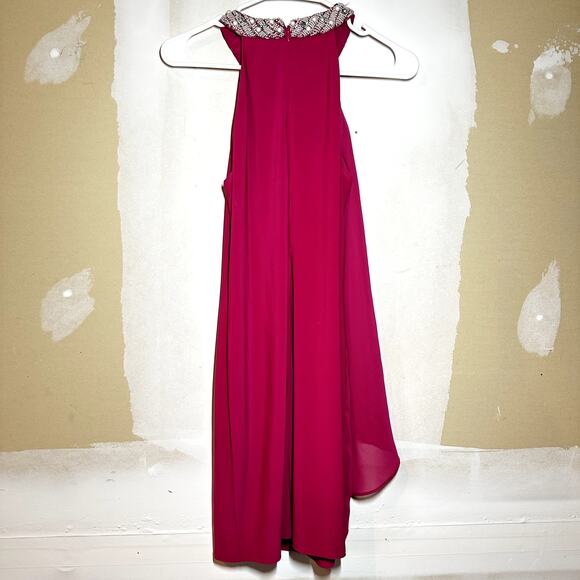 Cache Cocktail Dress Sleeveless Beaded Neck Ruffle Over Lay Fuschia Pink 4 - Picture 4 of 4